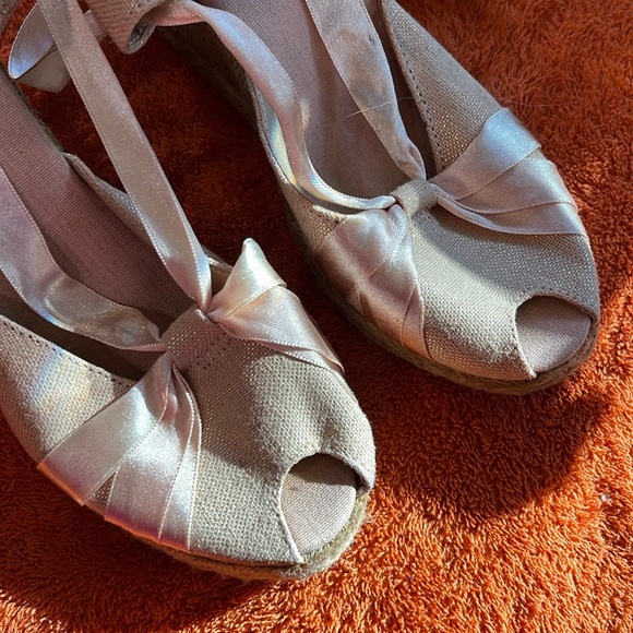 platform tie-up wedge espadrille sandal golden canvas w/pink ribbon shoe 5 1/2 - Picture 6 of 11
